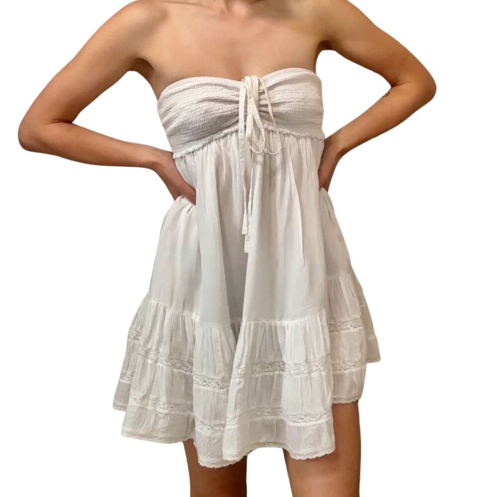 Wilfred White Strapless Lace Trim Babydoll Mini Dress XXS